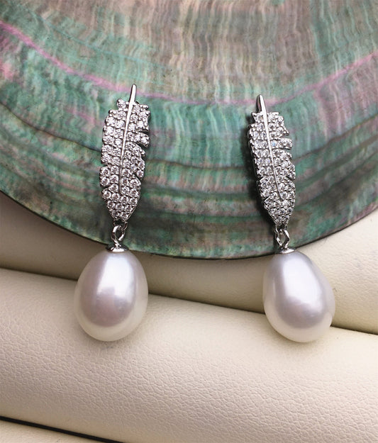 AAA 9mm Feather White rice pearl cz stud earrings,zircon S925 Sterling Sliver pearl earrings,pearl for women for girl,SE3-055