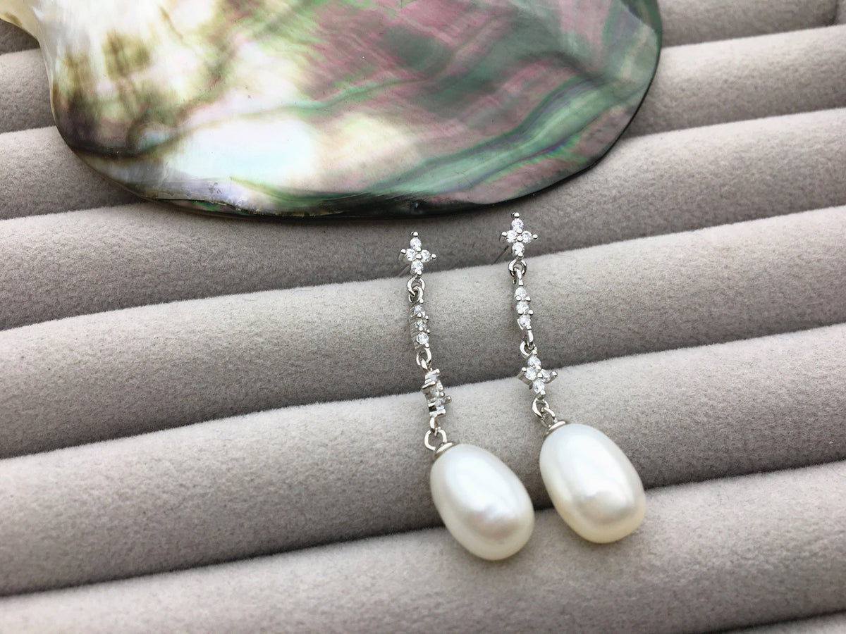 AAA 9mm White rice pearl stud earrings,S925 Sterling Sliver pearl earrings,pearl for women for girl,SE3-134