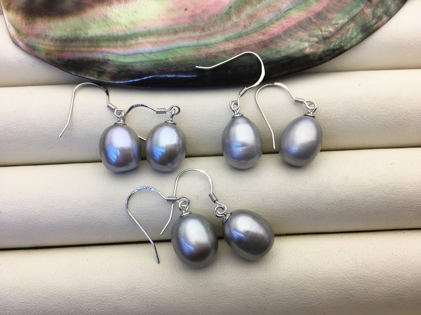 1 pair AAA 9.5-10mm gray long rice pearl dangle earrings,Sterling Silver,dangle pearl earrings,wedding earring,bridal,birthday,SE3-T59
