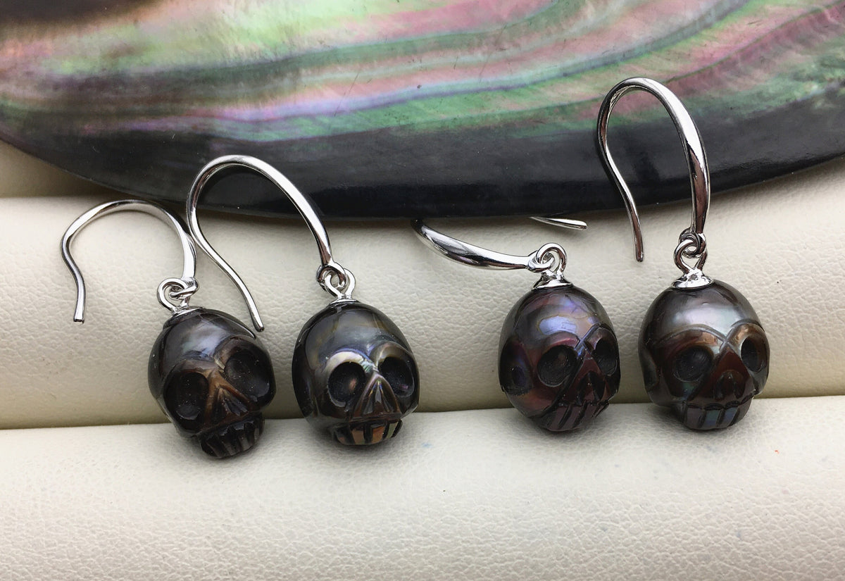 AAA 8mm white/pink/purple/gray/black HandMade Carved Skull Freshwater Pearl Dangle Earrings,Pearl Earrings for Women Girls,SE3-027-3