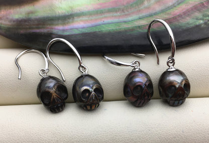 AAA 8mm white/pink/purple/gray/black HandMade Carved Skull Freshwater Pearl Dangle Earrings,Pearl Earrings for Women Girls,SE3-027-3
