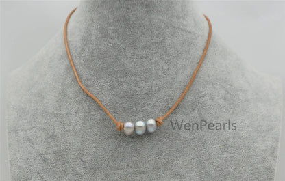 Three Gray pearl choker necklace, Leather Pearl Choker, Pearl Leather Necklace,Black Leather Pearl necklace,Le4-088