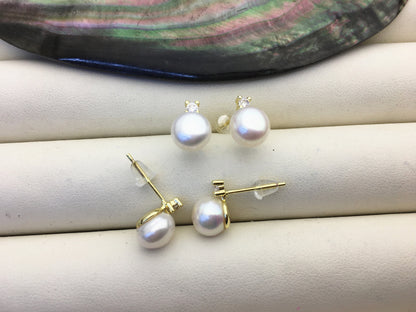 2 pairs AAA white 7.5-8mm button round pearl stud earring wedding,SE3-008-5