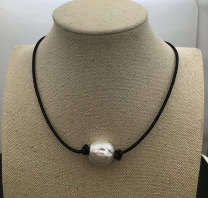 AAA BIG Baroque Thick Coin Pearl necklace,Leather Pearl Choker, Pearl Leather Necklace, Le1-080