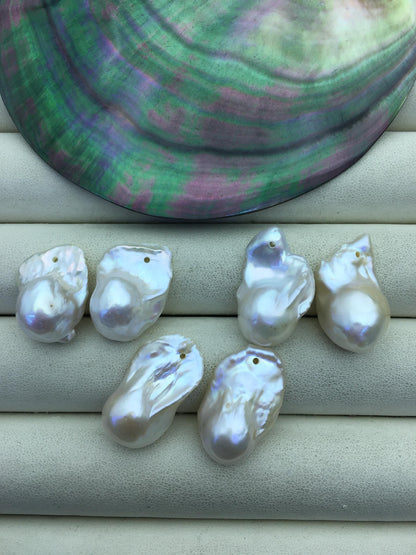 2 pairs AAA- 13-17mm White Flameball Pearl Pairs - large Baroque freshwater pearl pairs- 1.0 top side hole, FL15-3A-8-52