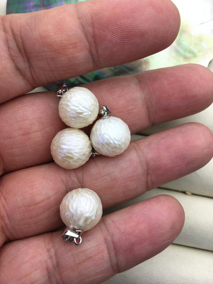 2pcs AAA 11/12/13mm White Freshwater Pearl pengdant - sterling silver - Hand Carved - NC1-020