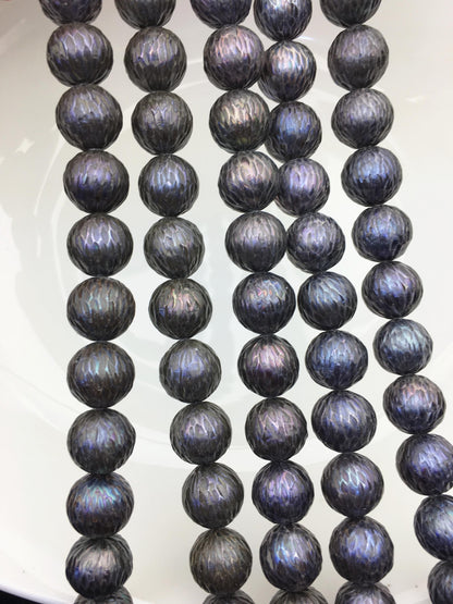 15.5'' AA+ 10-13mm Black Round Carved Freshwater Pearl - Hand Carved - CAC-T23
