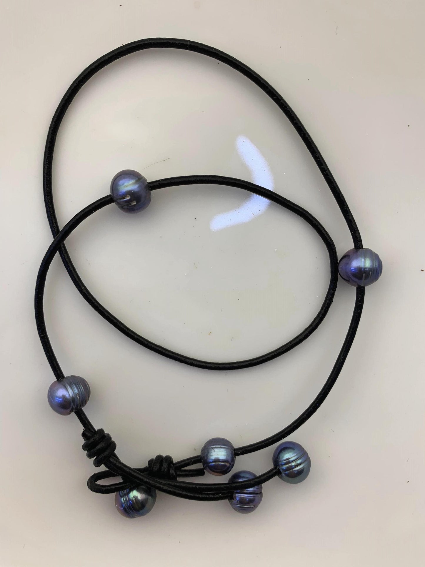 Deep Blue Potato Near Round Pearl Leather necklace,Green Freshwater pearl,Birthday,Black Leather Pearl necklace,Select leather color,Le4-081