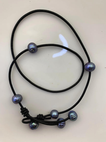 Deep Blue Potato Near Round Pearl Leather necklace,Green Freshwater pearl,Birthday,Black Leather Pearl necklace,Select leather color,Le4-081