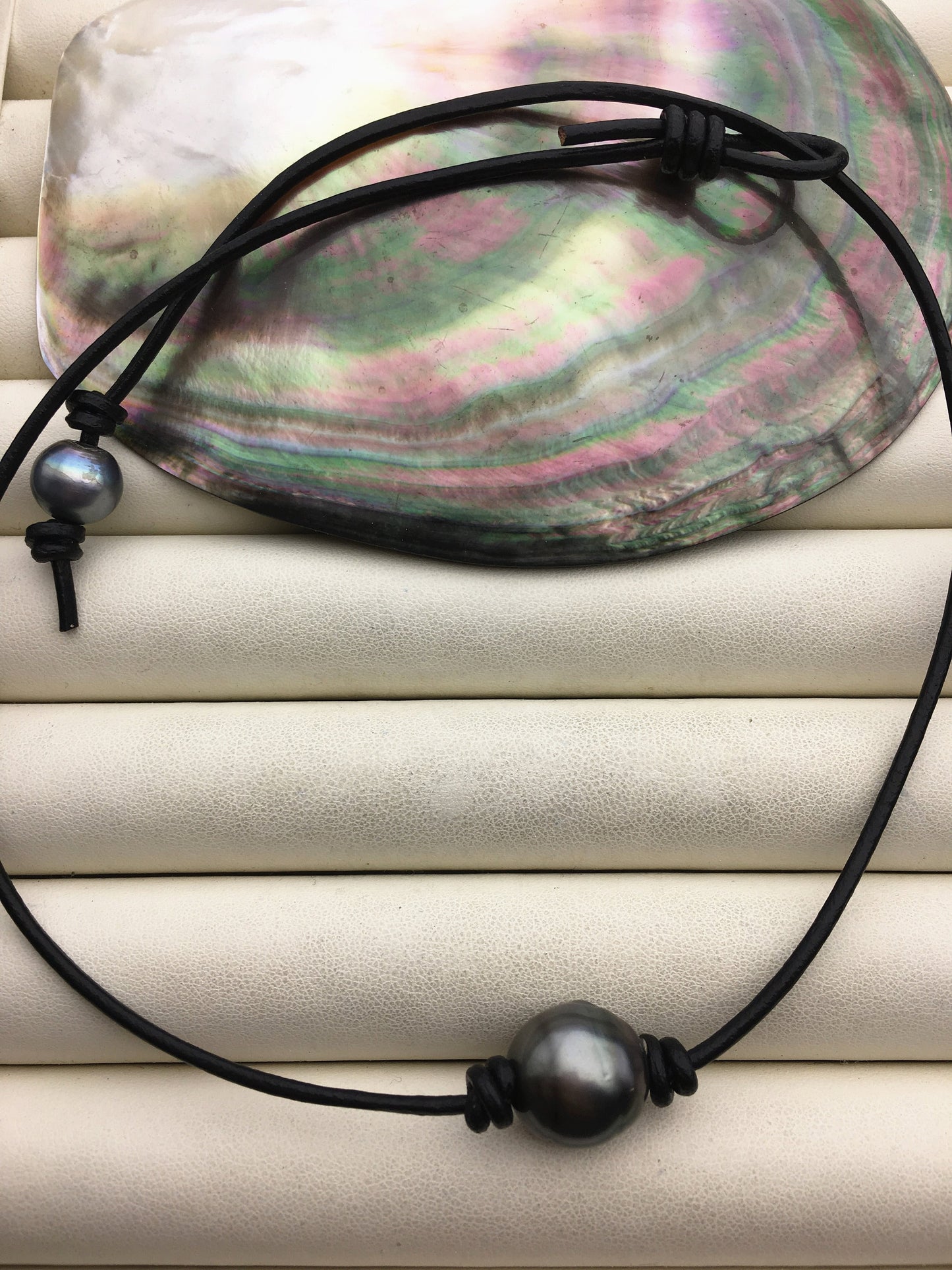 1pc 13-15mm huge big Green Black Tahitian Pearl Choker Necklace,Pearl Leather Necklace,Black Leather Pearl necklace,Le11-005