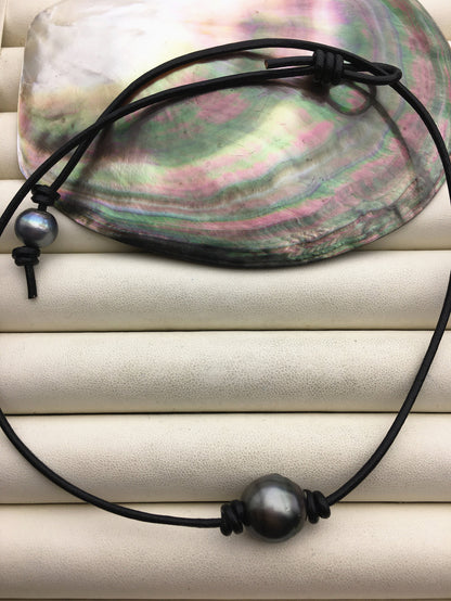 1pc 13-15mm huge big Green Black Tahitian Pearl Choker Necklace,Pearl Leather Necklace,Black Leather Pearl necklace,Le11-005
