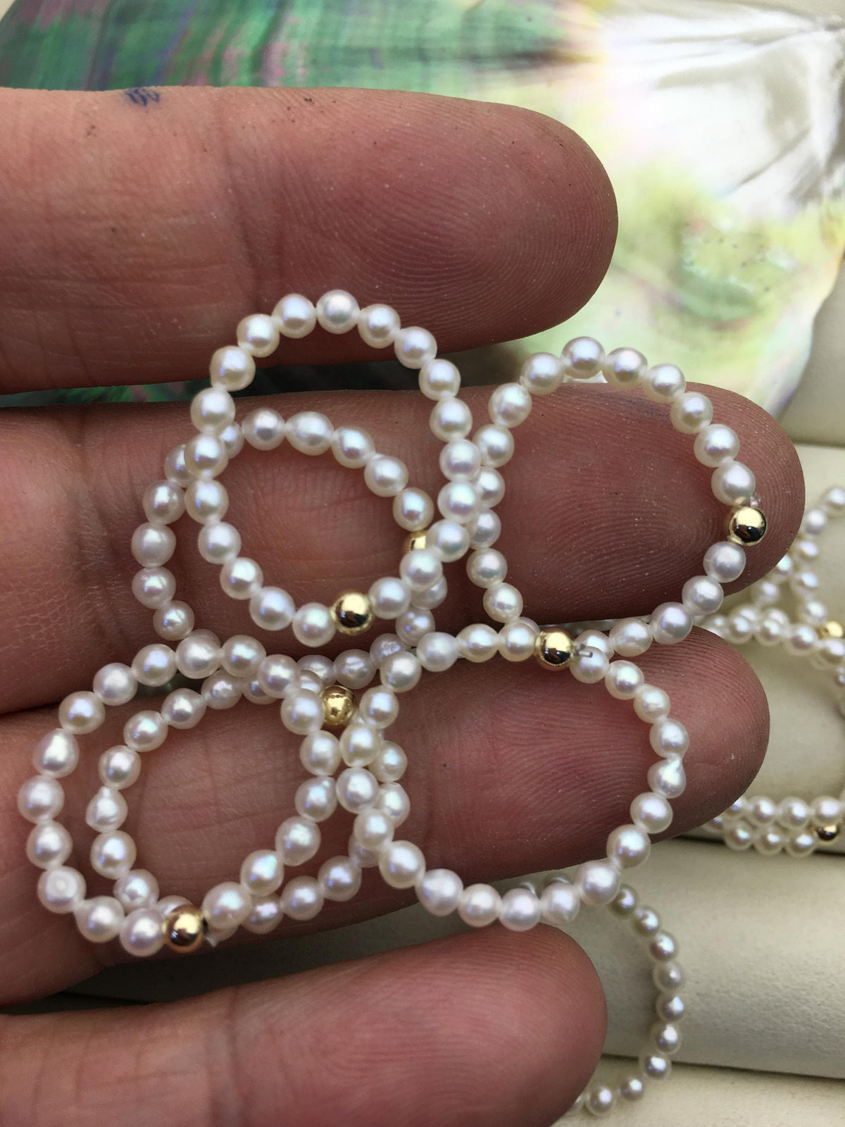 2pcs Fashion AAA 3mm tiny white oval pearl 14k goldfilled gold ball elastic ring,R1-001