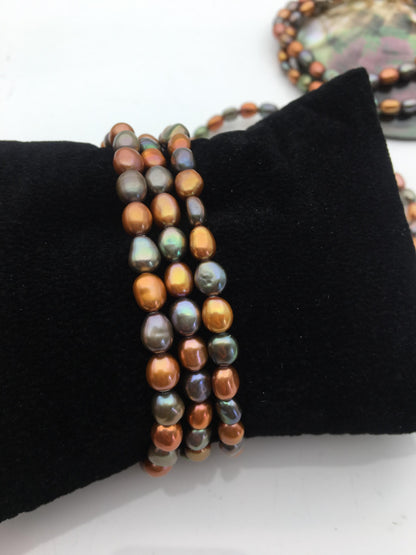 3pcs 7.5 inches AAA 5-6mm Brown Green Mix Color Nugget Freshwater pearl Elastic string Bracelet,B8-017