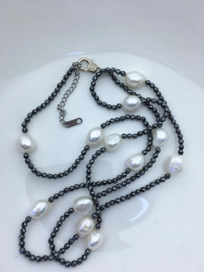 32'' AAA 10-11mm white nugget pearl black Hematite Necklace,NPN1-T25