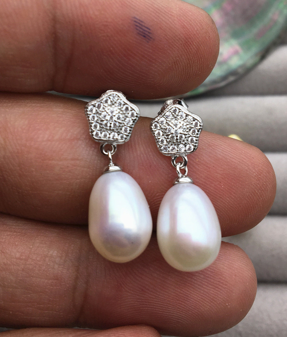 AAA 9mm White rice pearl Pentagon cz stud earrings,S925 Sterling Sliver pearl earrings,pearl for women for girl,SE3-138