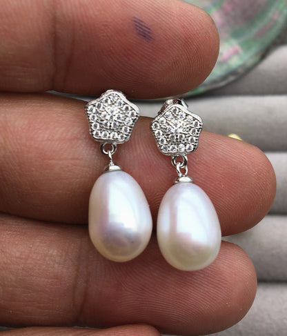 AAA 9mm White rice pearl Pentagon cz stud earrings,S925 Sterling Sliver pearl earrings,pearl for women for girl,SE3-138