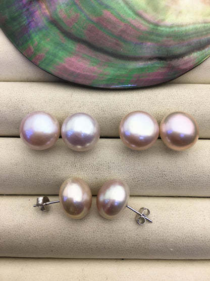 1 pair AAA 13-14mm big purple button round Pearl Stud Earrings,freshwater pearl earrings,Wedding,classic pearl studs,SE1-069-35