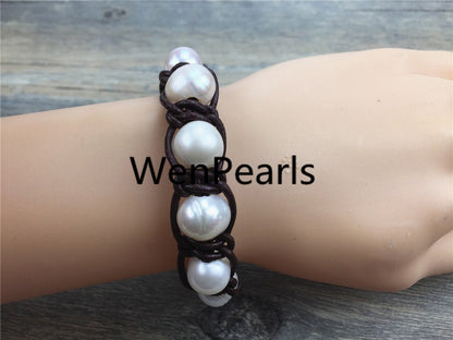 Big potato pearl bracelet,Leather Pearls Bracelet, Handmade Cuff,White Pearls on Brown Leather,Black leather bracelet,Le7-032