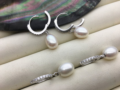 AAA white oval pearl earring wedding,Sterling Silver rice pearl dangle earrings,bridal earrings pearl,SE3-070