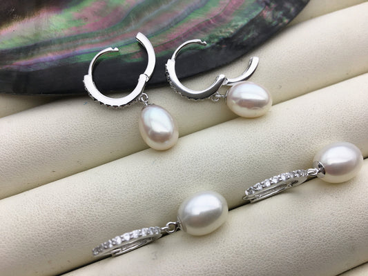 AAA white oval pearl earring wedding,Sterling Silver rice pearl dangle earrings,bridal earrings pearl,SE3-070