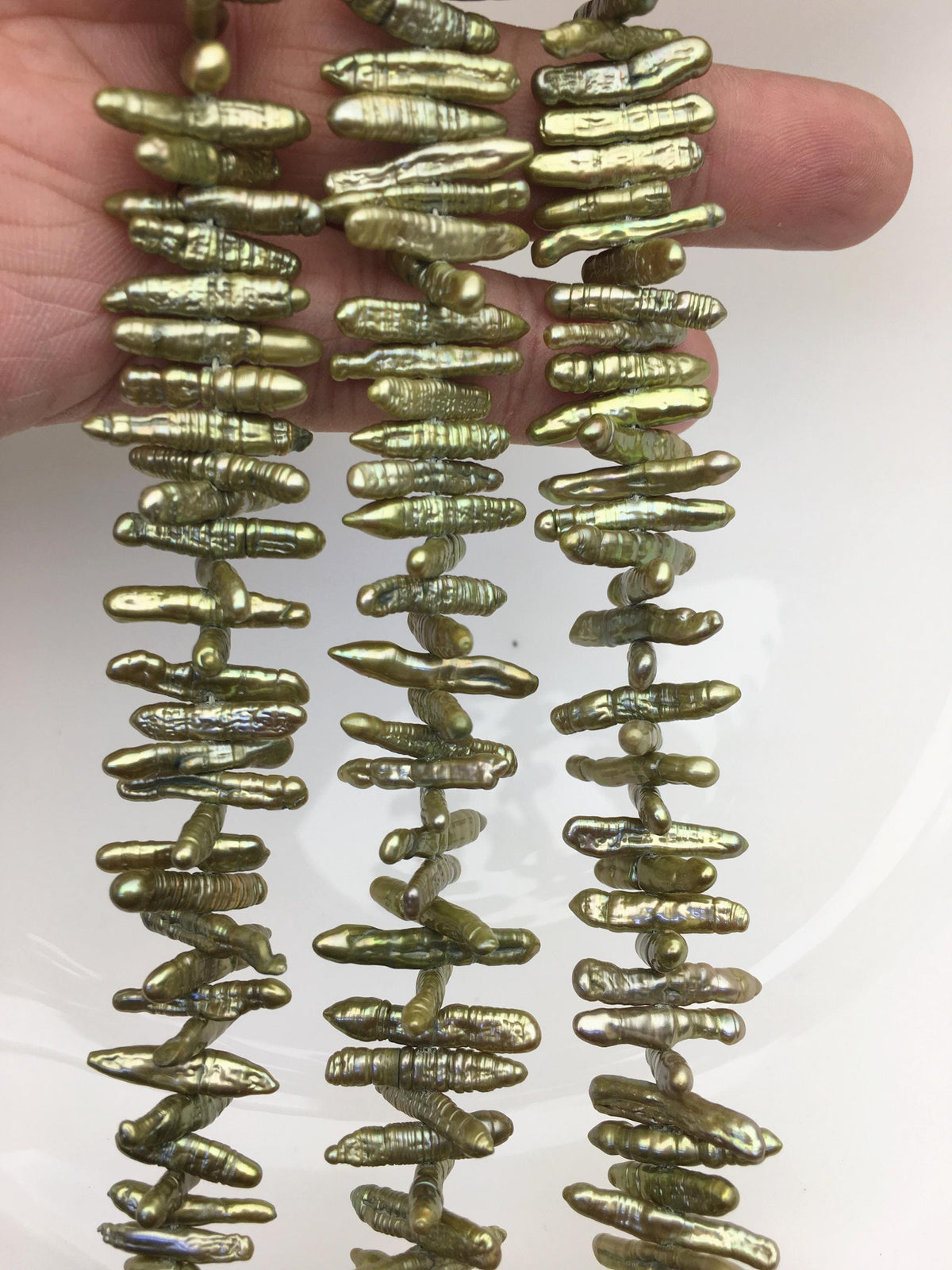 AA 3-4mm green Biwa Pearl Necklace,Genuine Fresh Water Pearl,Wedding Necklace,Mothers Day,ZS-80-10-30
