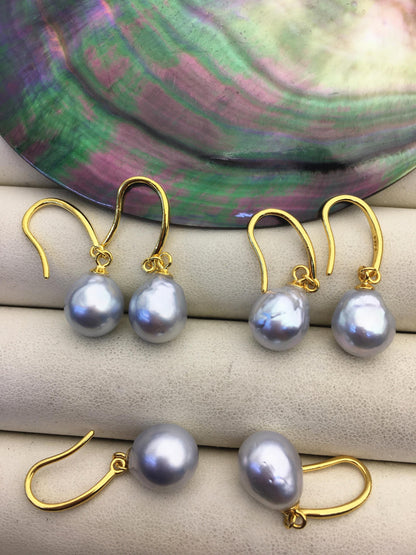 1 pair AA+ 9-10mm Silver Gray South Sea drop pearl Gold dangling earrings,SE3-109-5