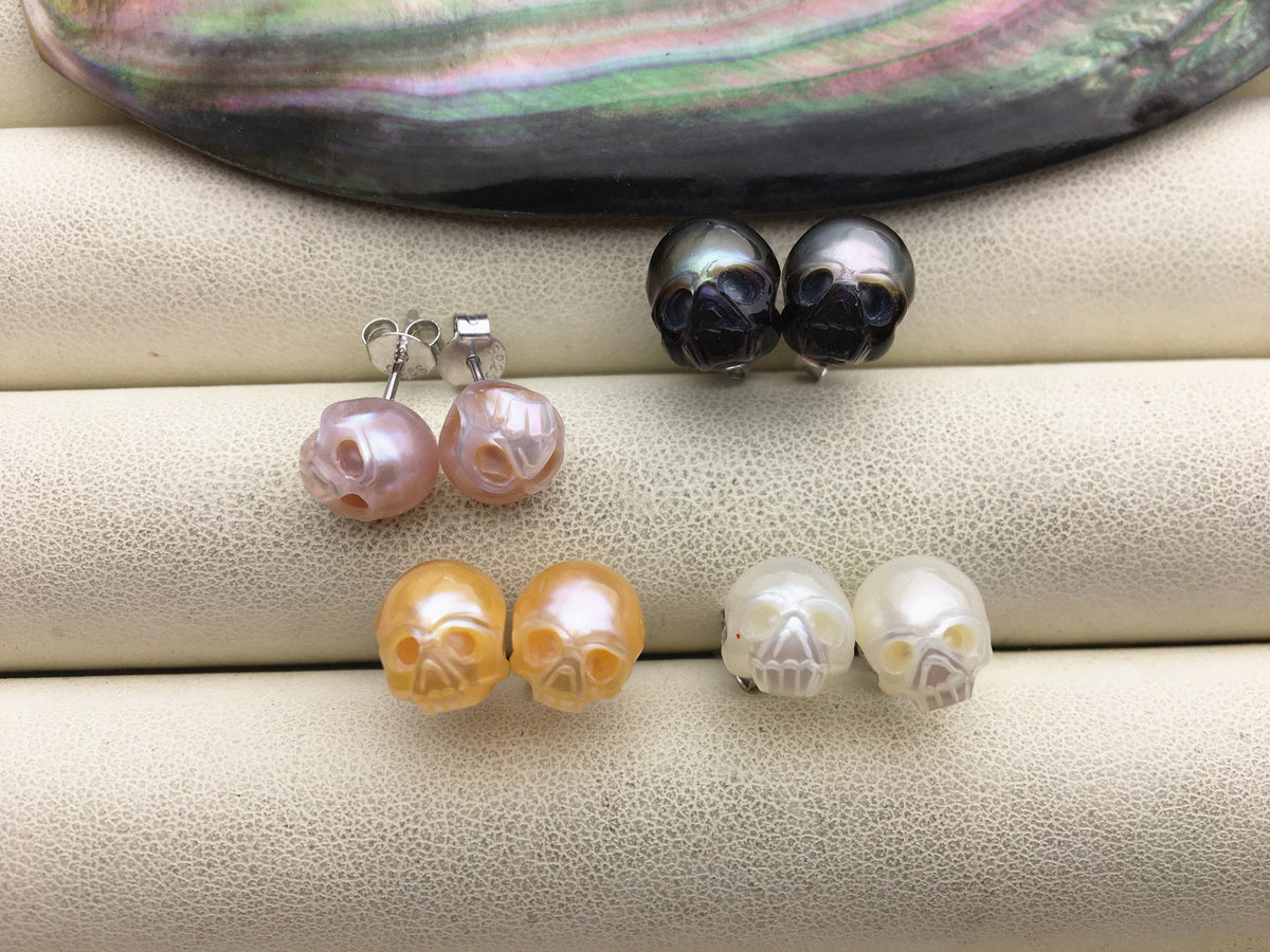 AAA 8mm/10mm white/pink/purple/black/gray HandMade Carved Skull Freshwater Pearl Stud Earrings,Stud Earrings for Women Girls,SE3-016