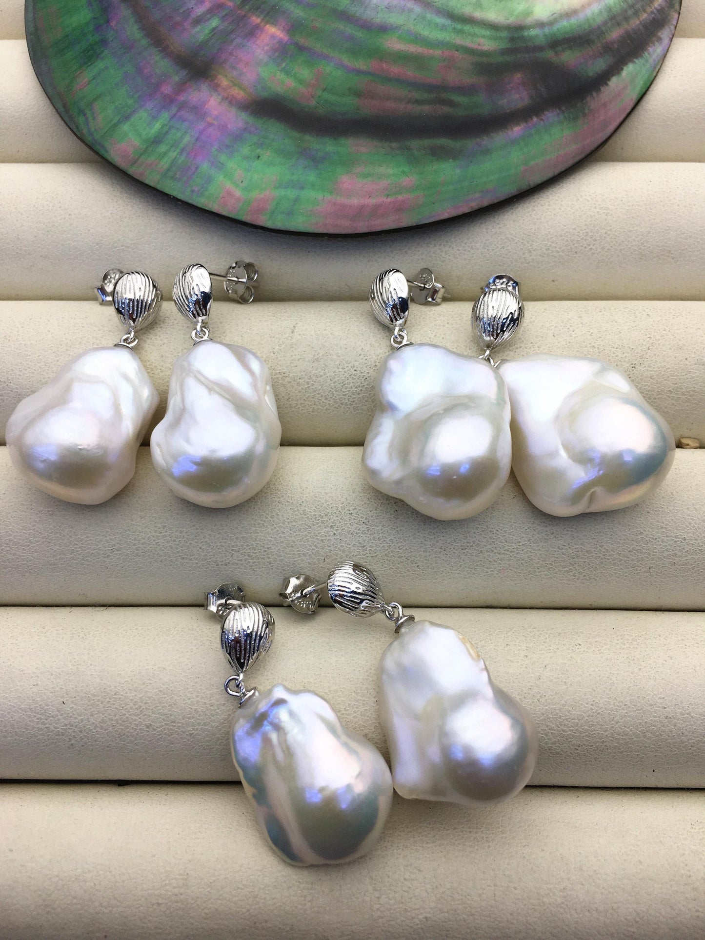 1 pair AAA 13-17mm white flame ball pearl silver shell stud earrings,sterling silver,earring with white baroque Natural Pearl,SE3-031-23