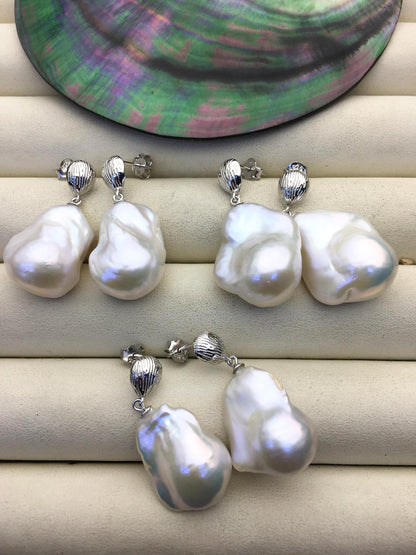 1 pair AAA 13-17mm white flame ball pearl silver shell stud earrings,sterling silver,earring with white baroque Natural Pearl,SE3-031-23