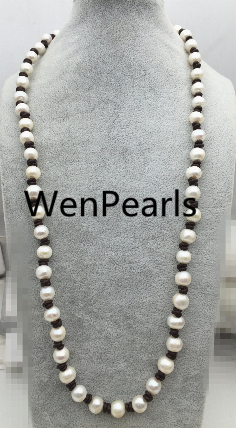 10mm Potato Pearl and leather necklace,Genuine Freshwater Pearl Necklace,white pearl necklace,wholesale,Le3-043