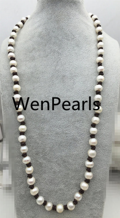 10mm Potato Pearl and leather necklace,Genuine Freshwater Pearl Necklace,white pearl necklace,wholesale,Le3-043