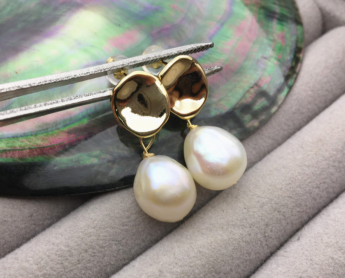AAA 11mm White nugget pearl stud earrings,gold coin pearl earrings,SE3-131-17