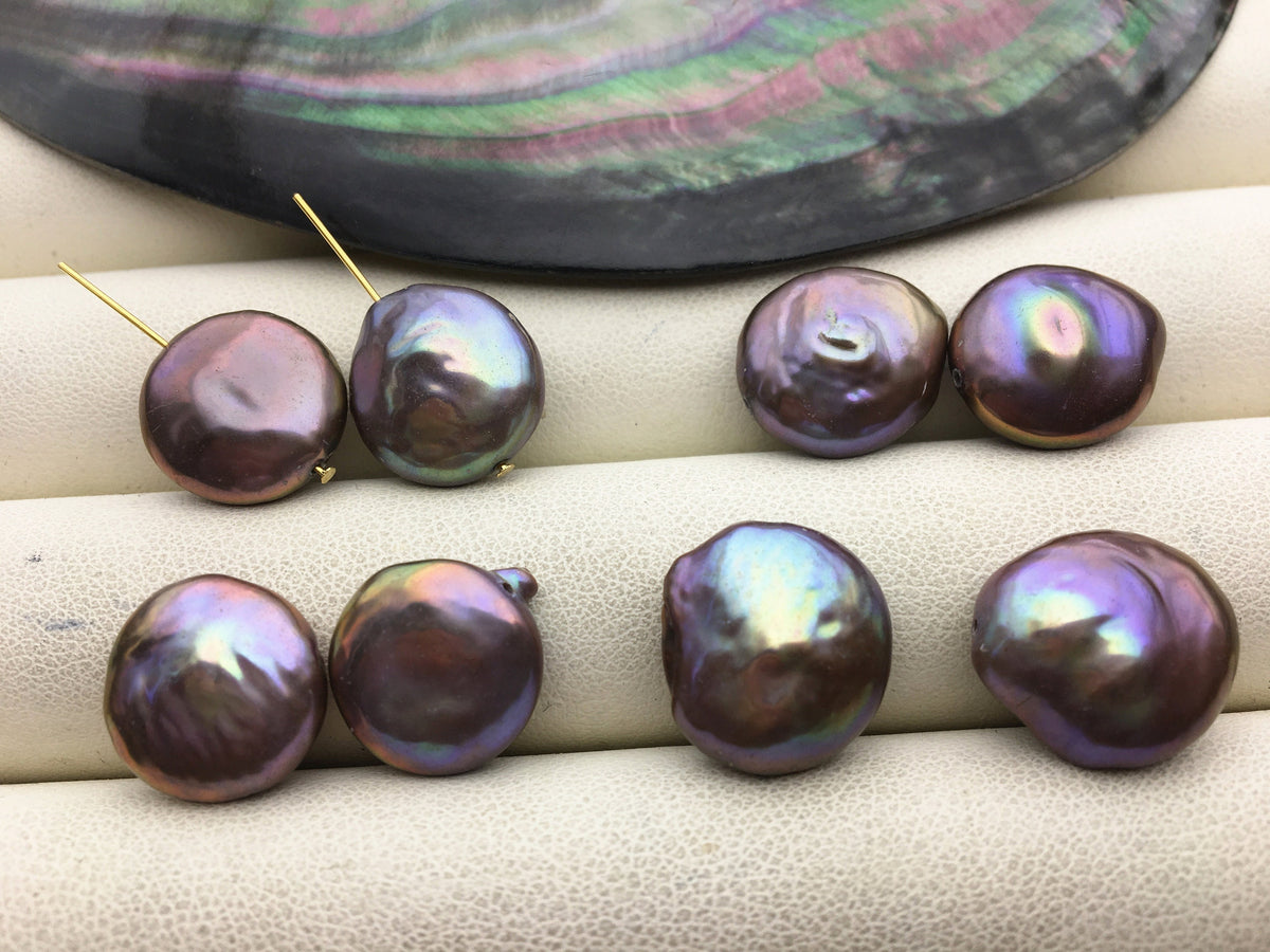 2 pairs AA+ 13-14mm Coin Purple Black Freshwater Pearl Brown loose Beads Piar,wholesale,ZS-103-49