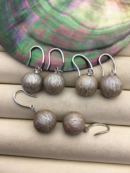 1 pair AAA 11-13mm gray handmade carved round pearl dangle earrings,S925 sterling silver earrings,SE3-T9-58