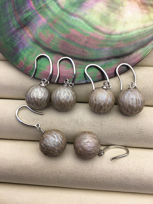 1 pair AAA 11-13mm gray handmade carved round pearl dangle earrings,S925 sterling silver earrings,SE3-T9-58