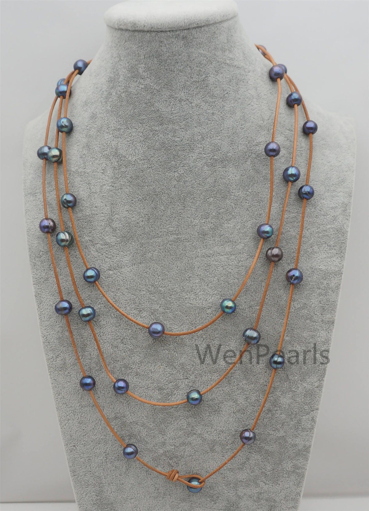 Long deep blue Freshwater Pearl and Leather Lariat Necklace,Light Brwon Leather Pearl necklace, Leather baroque pearl, Le4-113