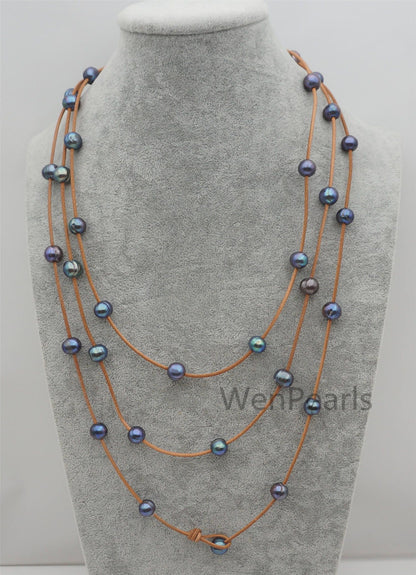 Long deep blue Freshwater Pearl and Leather Lariat Necklace,Light Brwon Leather Pearl necklace, Leather baroque pearl, Le4-113