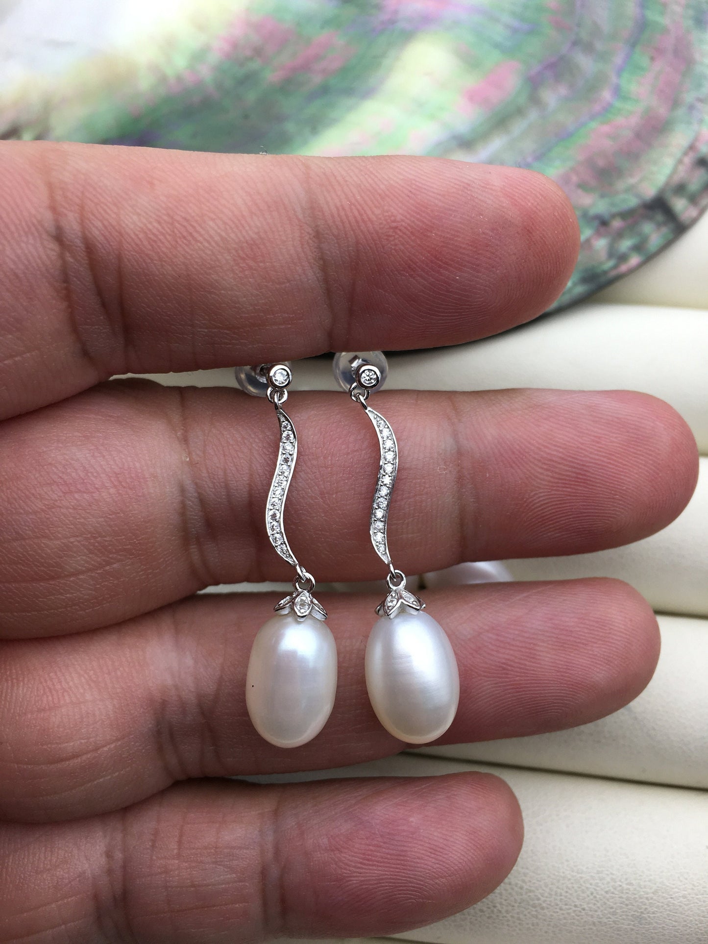 AAA 9mm White rice pearl cz stud earrings,zircon S925 Sterling Sliver pearl earrings,pearl for women for girl,SE3-106