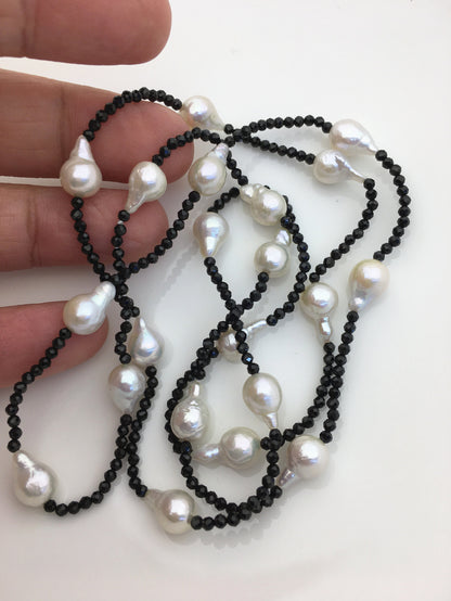 Shine!31'' AAA 7-8mm white teardrop pearl black spinel Necklace,NPN1-073