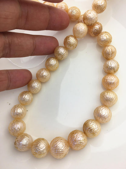 15.5'' AA+ 11-14mm Orange Near Round Carved Freshwater Pearl - Hand Carved - CAC-T26