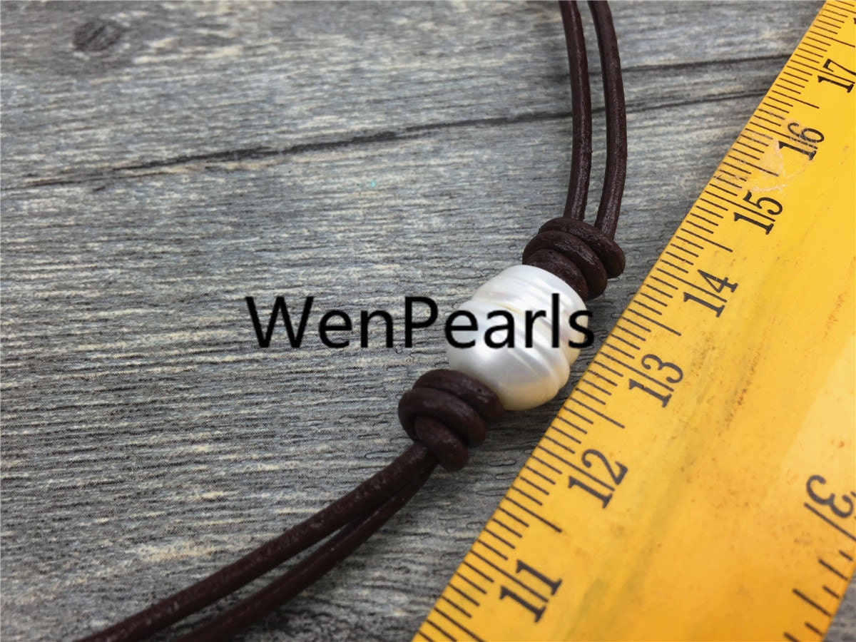 Leather Rice Pearl Choker, Pearl Leather Necklace, bracelet,White Freshwater pearl, Birthday, Black Leather Pearl necklace, BROWN,Le1-051