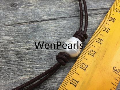 Leather Rice Pearl Choker, Pearl Leather Necklace, bracelet,White Freshwater pearl, Birthday, Black Leather Pearl necklace, BROWN,Le1-051