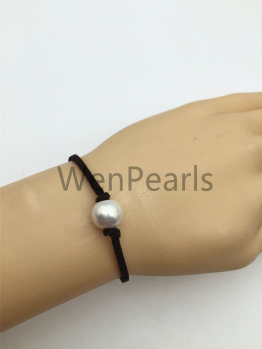 One pearl Leather Pearls Bracelet - 10mm near round pearl - Genuine freshwater pearl - Le7-085