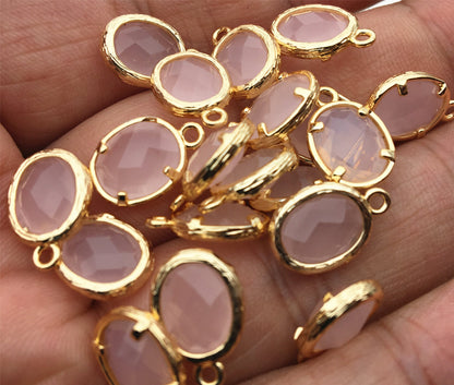 5pcs 9.5x17mm Pink Opal Ellipse Shaped faceted Pendant,Brass plated 14k gold,glass connector loop gold tone,ACC-GL-005