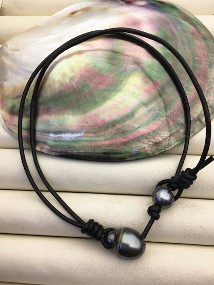 12-14mm Big Drop Tahitian Pearl Leather Necklace,Pearl Leather Necklace,Black Pearl,Black Leather Pearl necklace,Le11-011