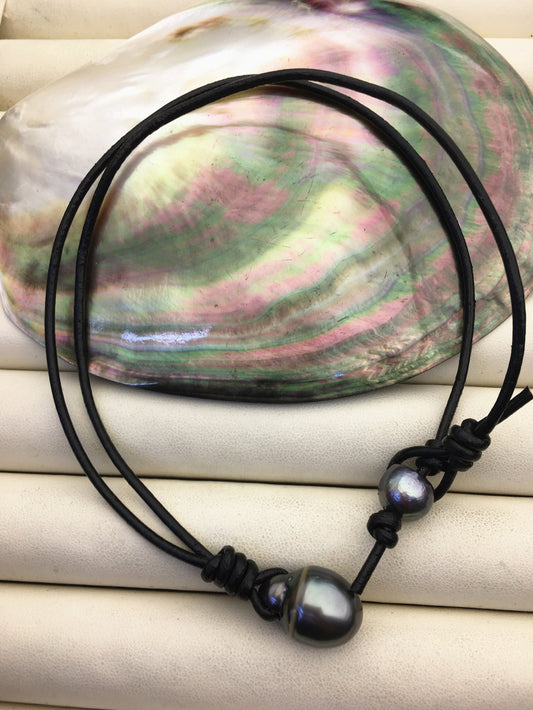 12-14mm Big Drop Tahitian Pearl Leather Necklace,Pearl Leather Necklace,Black Pearl,Black Leather Pearl necklace,Le11-011