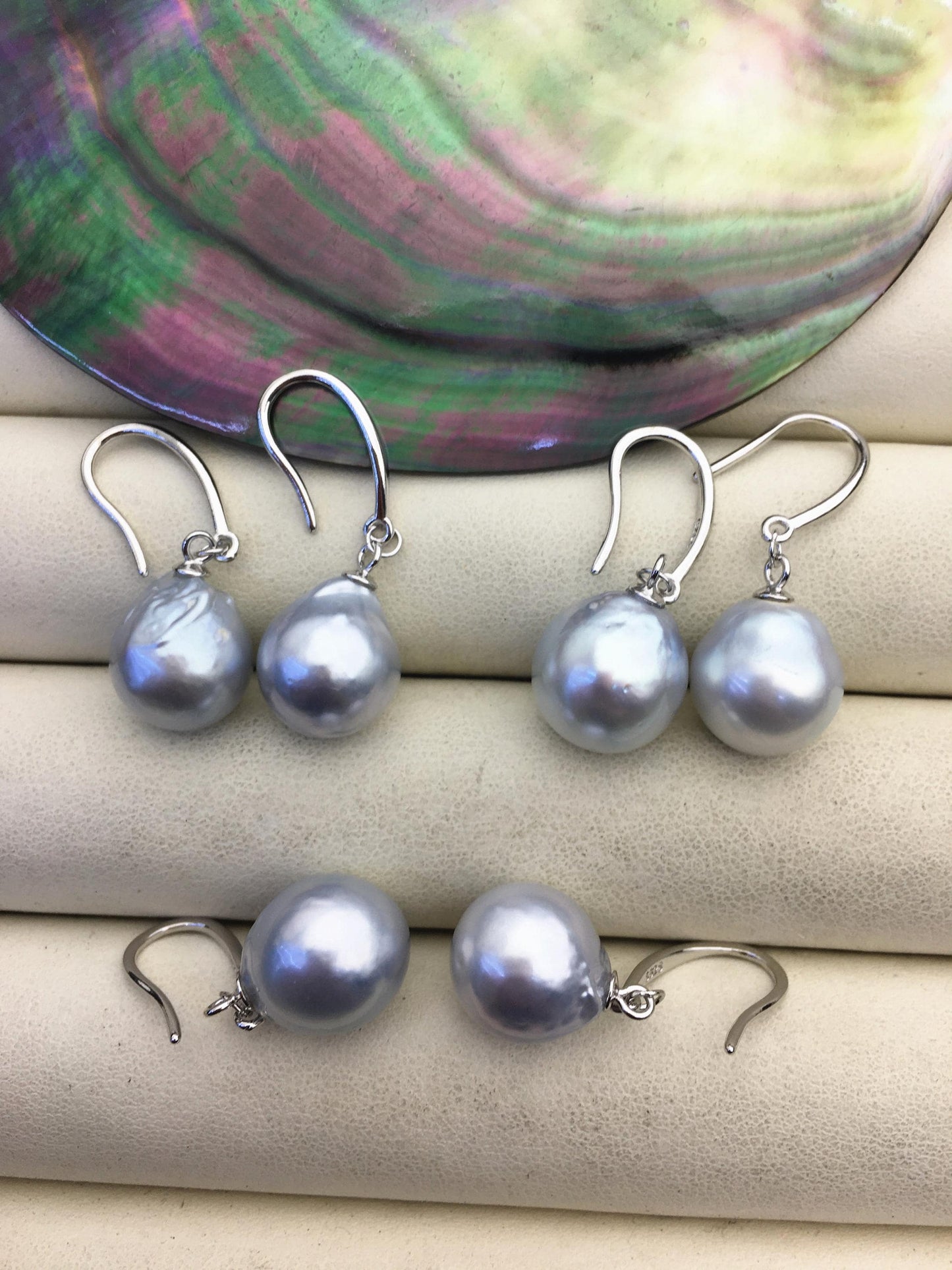 1 pair AA+ 11-12mm Silver Gray South Sea drop pearl dangling earrings,SE3-109-6