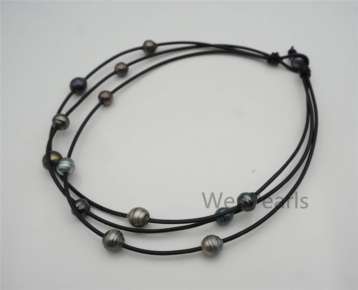 Tahitian Pearl and Leather Necklace ,Floating pearl and leather Necklace, Multi-Strand Pearls necklace ,Pearl and Leather necklace,Le11-024