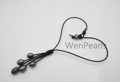 Five Deep Blue Gray Rice Pearl Leather necklace, Green Freshwater pearl, Birthday,Black Leather Pearl necklace,Select leather color,Le4-076