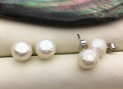 Rare!AAA 9-10mm Carved Faceted white pearl stud earrings,Sterling Silver,bridesmaid gifts,post earrings,Christmas Gift,SE3-092